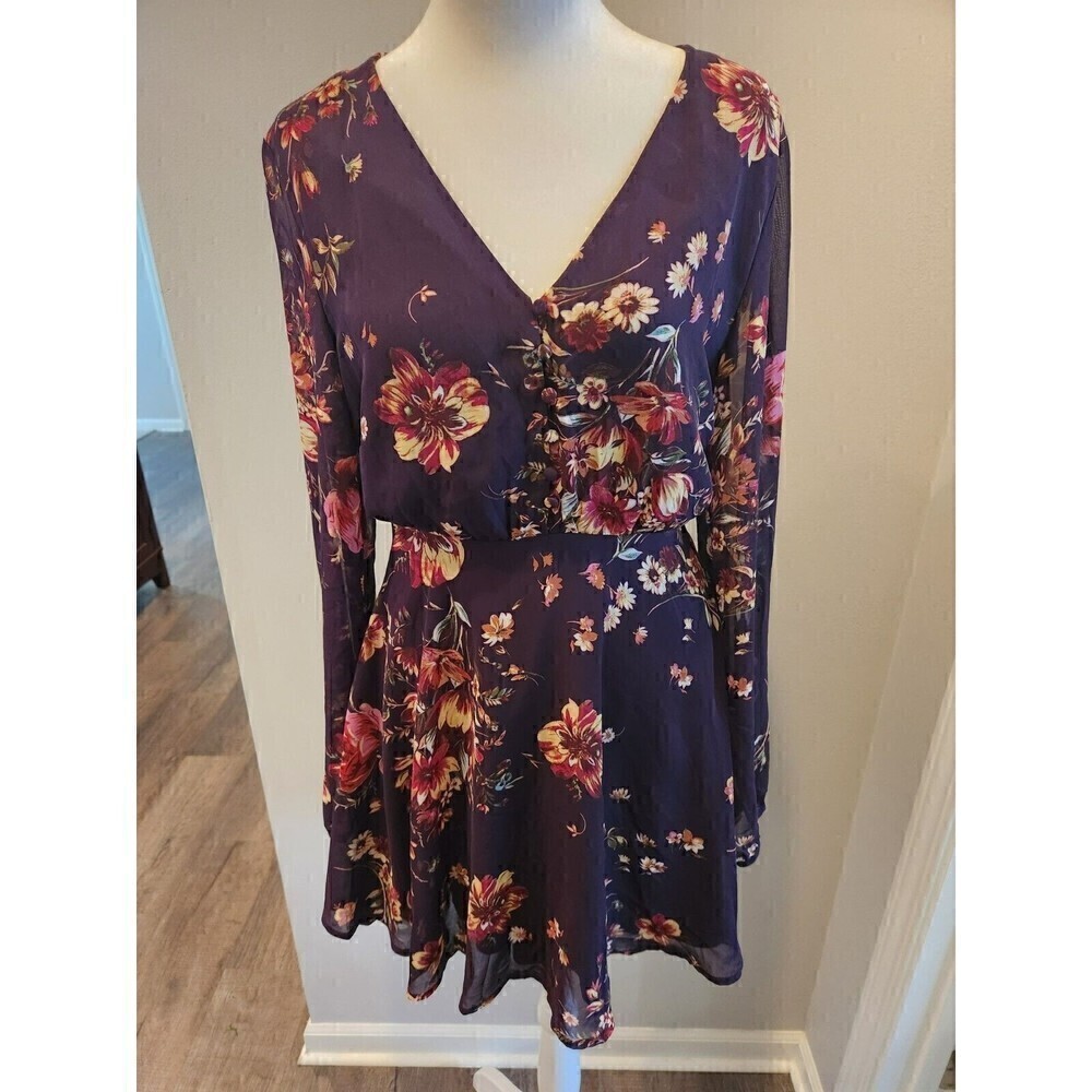 Lulus Mini Dress Dark Floral Design Button Front Tie Waist Sz S long sleeve